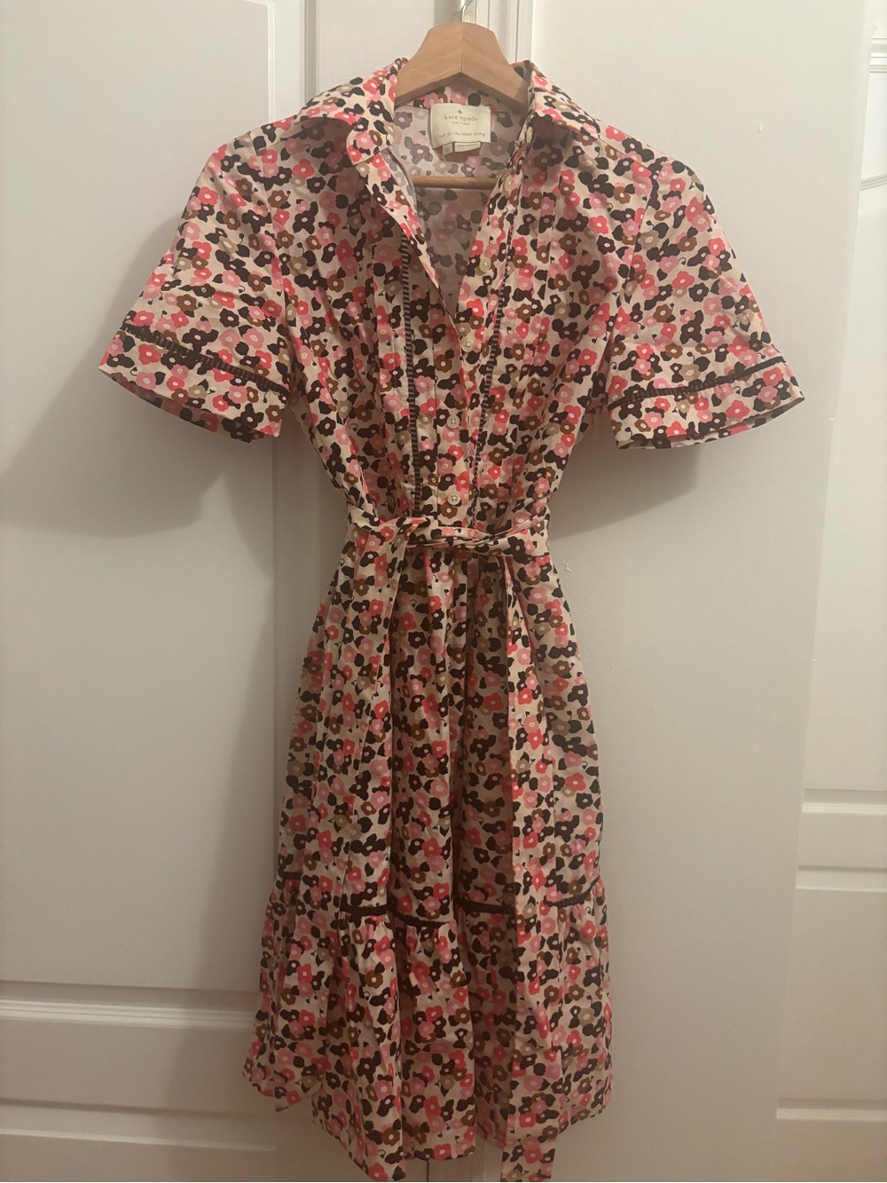 kate spade Pink & Brown Floral Shirt Midi Dress with Tie Waist